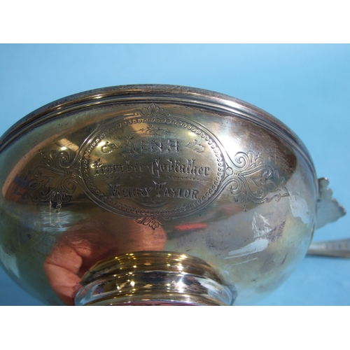 37 - A Victorian silver quaiche with engraved inscriptions within cartouches, 12.5cm diameter, 4.5cm high... 