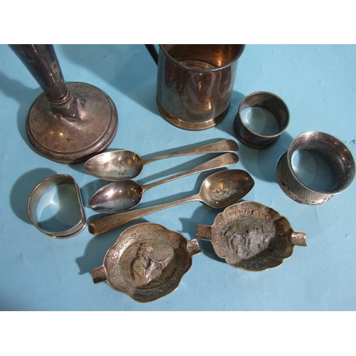 38 - A small silver christening mug, 8cm high, with engraved inscription, Birmingham 1931, three silver n... 