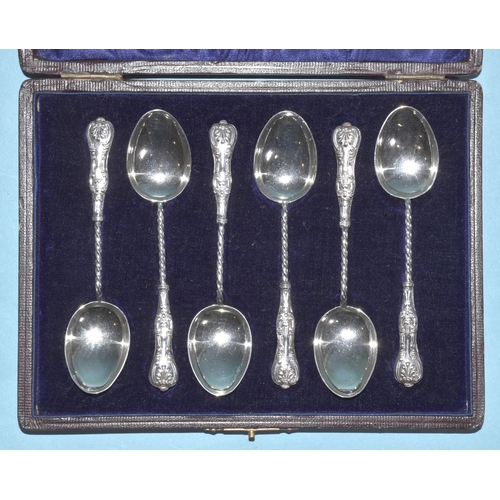 2 - A cased set of six silver kings pattern coffee spoons with twist handles, Birmingham 1904, 39g, ___1... 