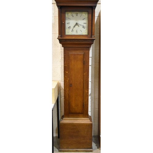 9 - A 19th century oak long-case clock with thirty-hour bell-striking chain-driven movement and square p... 