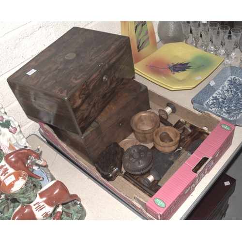 20 - A walnut and brass-banded writing slope, 30cm wide, a rosewood and brass-banded box, (interior lacki... 