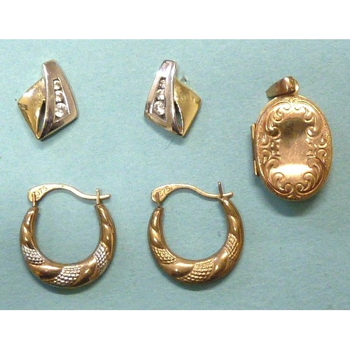 297 - A pair of 9ct yellow gold earrings set white synthetic stones, a pair of small 9ct gold hoop earring... 