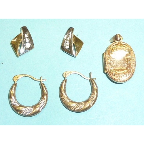 297 - A pair of 9ct yellow gold earrings set white synthetic stones, a pair of small 9ct gold hoop earring... 