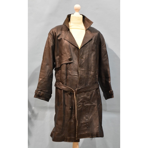 56 - A black leather belted coat by 