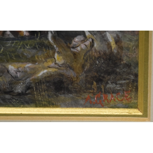 21 - A Grace, 'Study of cattle resting in a pasture', signed gouache, 14 x 24cm, together with a watercol... 