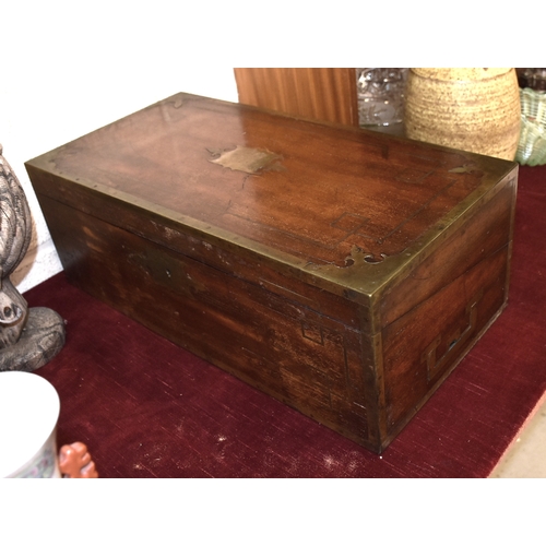 32 - A brass-bound mahogany lap desk with side drawer, (fitting incomplete), an inlaid mahogany box and a... 