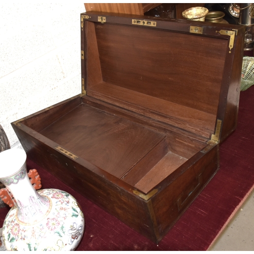 32 - A brass-bound mahogany lap desk with side drawer, (fitting incomplete), an inlaid mahogany box and a... 