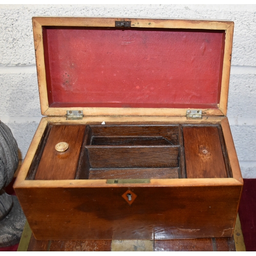 32 - A brass-bound mahogany lap desk with side drawer, (fitting incomplete), an inlaid mahogany box and a... 