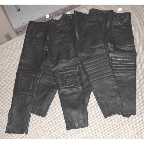 45 - Three pairs of gent's black leather motorcycle trousers, size 32, (2).