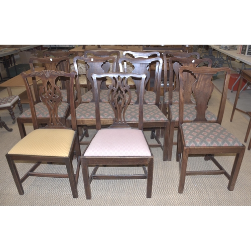 22 - Nine mahogany Georgian-style country-made dining chairs, each with vase splat back and drop-in seat,... 