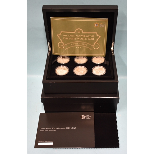 44 - The Royal Mint, First World War - Outbreak 2014 UK &pound;5 silver proof six-coin set no.0947, in fi... 