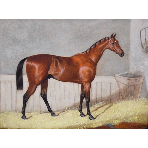 John Frederick Herring Snr (Attrib.) STUDY OF A BAY HORSE IN A STABLE Unsigned oil on canvas, with associated plaque 'Coronation', Derby Winner 1844, J F Herring 1795-1865, 33 x 44cm, in substantial giltwood frame, stencilled number verso, (heavily-restored with repaired tear to canvas).