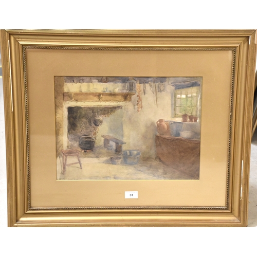 43 - Frederick James McNamara Evans (1859-1930), 'Cottage interior, with fire in the hearth and kitchen i... 