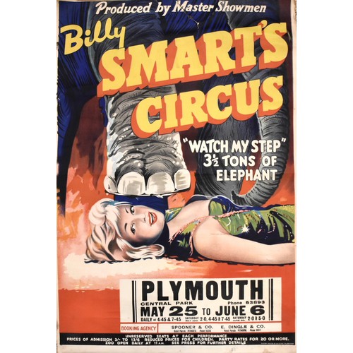 A late-1950's Billy Smart's Circus promotional advertising poster for Plymouth Central Park, with "Watch My Step 3½ Tons of Elephant" notation featuring a picture of a showgirl underneath an elephant's foot, (rolled), 76 x 51cm, (10cm long tear from centre of top edge), together with an album of approximately 300 postcards, a folding map of the Suez Canal and other ephemera.