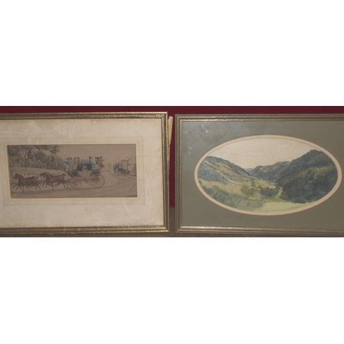 13 - After Pollard, three coaching prints, R W Holman, two oval moorland watercolours and other items.... 