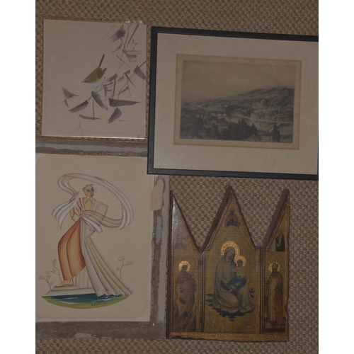 13 - After Pollard, three coaching prints, R W Holman, two oval moorland watercolours and other items.... 