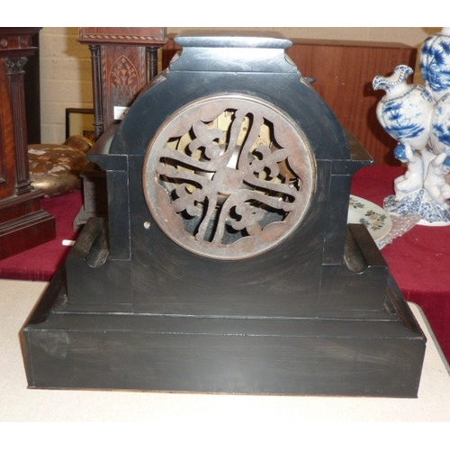 22 - A large Victorian marble mantel clock, the case inlaid with malachite and gilt decoration, with circ... 