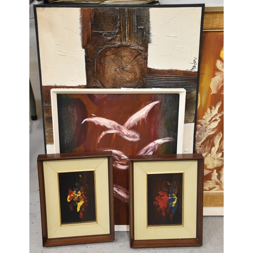 12 - Five mid to late-20th century oil paintings and other pictures and prints.