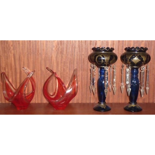 35 - A pair of clear glass lustres with blue coating and gilt decoration, with clear glass drops, 31.5cm ... 