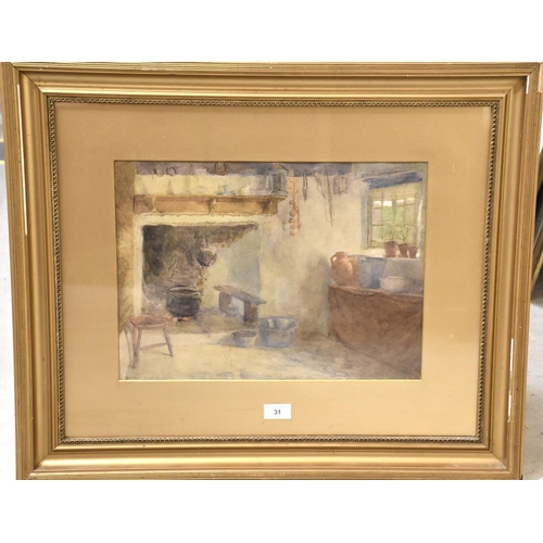 45 - Frederick James McNamara Evans (1859-1930), 'Cottage interior with fire in the hearth and kitchen in... 