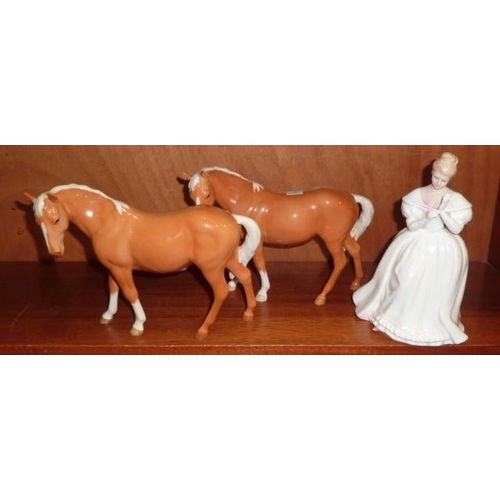 56 - Two Beswick mares (facing left), Palomino gloss, and a Royal Doulton figure 'Denise' HN2477, (3).... 