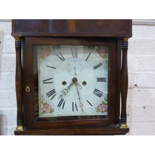 23 - A 19th century oak and mahogany-banded long case clock, the painted 30cm dial with eight -day bell-s... 