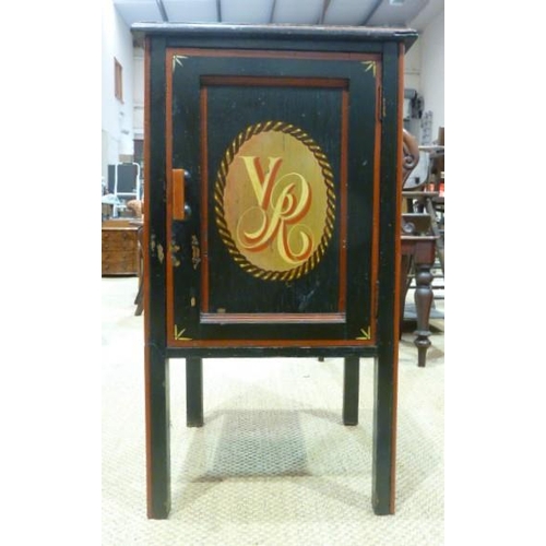 5 - A wooden bedside cupboard, the top painted with a two-masted sailing ship, the sides painted RN and ... 