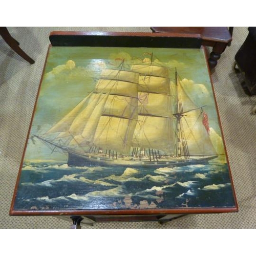5 - A wooden bedside cupboard, the top painted with a two-masted sailing ship, the sides painted RN and ... 