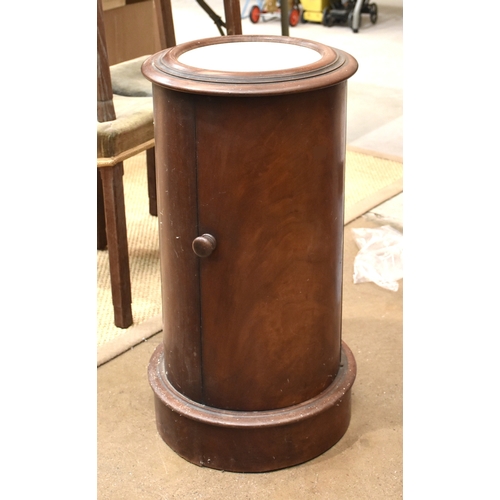 24 - A late-Victorian circular mahogany pot cupboard, the top with marble inset, above a door, 72cm high,... 