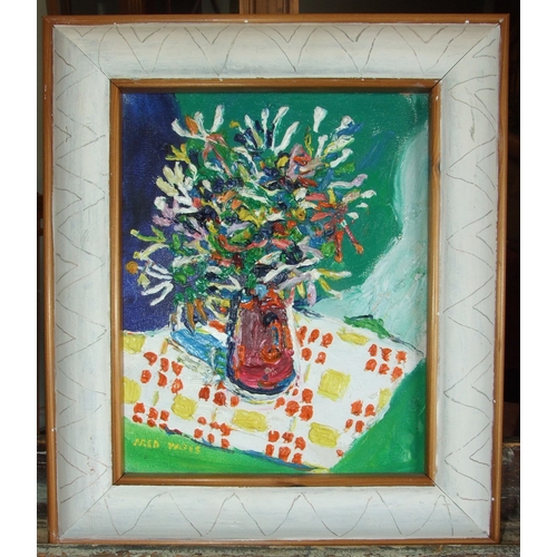 10 - Fred Yates (British, 1922-2008) FLOWERS Signed heavy impasto oil on canvas, in painted scratchwork f... 