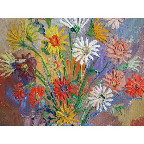 9 - Fred Yates (British, 1922-2008) STILL LIFE VASE OF FLOWERS ON A BLUE TABLE Signed heavy impasto oil ... 