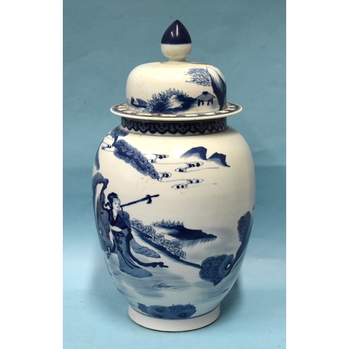 74 - A large Chinese baluster-shaped blue and white jar and lid, with six-character mark beneath.... 