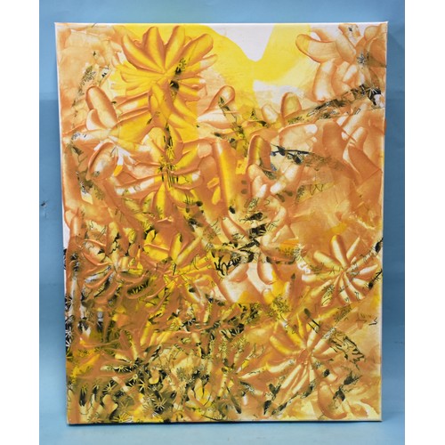 14 - Veronique Maria SUNFLOWERS Mixed media, collage and acrylic, 40.5 x 50cm, a series of three.... 