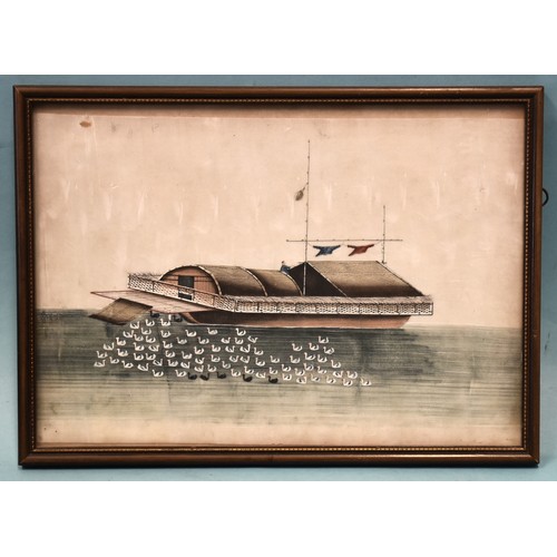 38 - A group of twelve Chinese rice paper watercolours depicting barges, sailing vessels and commercial v... 