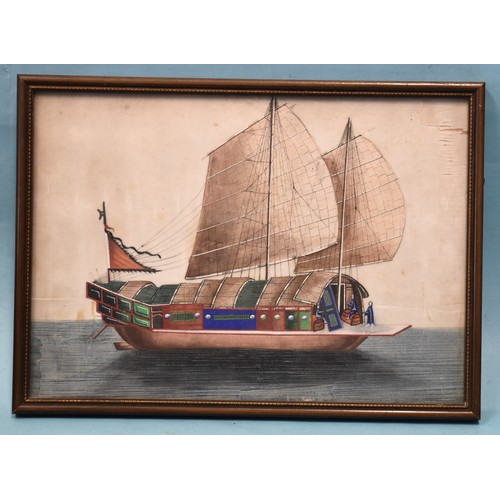 38 - A group of twelve Chinese rice paper watercolours depicting barges, sailing vessels and commercial v... 