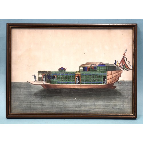 38 - A group of twelve Chinese rice paper watercolours depicting barges, sailing vessels and commercial v... 