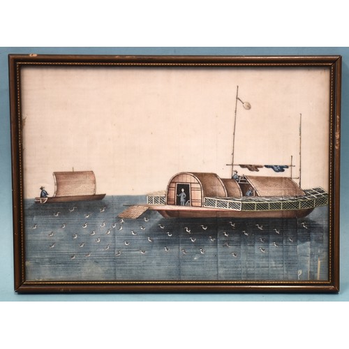 38 - A group of twelve Chinese rice paper watercolours depicting barges, sailing vessels and commercial v... 