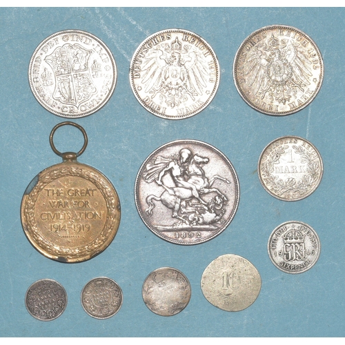 72 - Victoria (1837-1901), an 1892 crown, a German Prussia Wilhelm II 1908 3-Mark coin, a Baden Friedrich... 