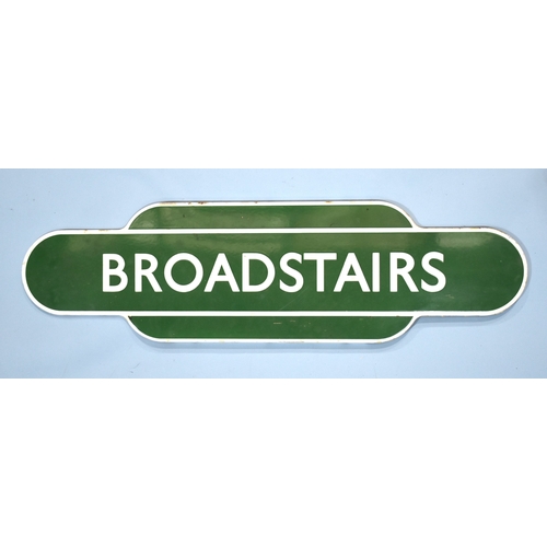 Broadstairs (British Rail Southern Region), a green and white vitreous enamel totem station sign, fully-flanged, Chatham main line in Kent, c1960's, (minor blemishes).