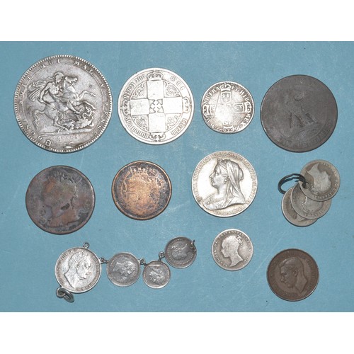 59 - George III (1760-1820), an 1819 crown, LIX, William III (1694--1702), a 1697 sixpence, Victoria (183... 