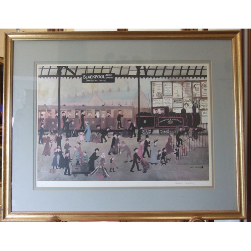 5 - After Helen Bradley, 'Blackpool Station, South Shore (Waterloo Road)', coloured print, signed in pen... 