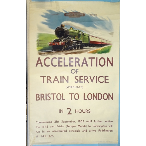 A 1950's British Railways Western Region poster Acceleration of Train Service (weekdays) Bristol and London in 2 hours, by A N Wolstenholme, depicting an image of King Class locomotive 6028 King George VI, pub. Railway Executive (Western Region) P.R.18, printed in Great Britain by Jordison & Co, Ltd, London and Middlesborough, 64 x 102cm, (6cm tear 19cm from top-left corner, old Sellotape, small tear to bottom, creasing to bottom-left, rolled).