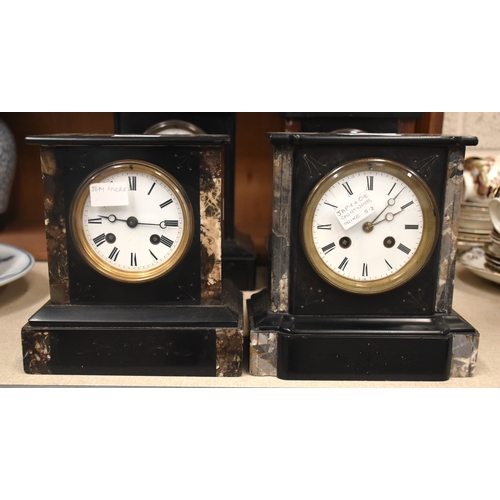 14 - Three black slate striking mantel clocks by Japy Freres, 2 x 20cm high and 1 x 23cm high, with one o... 