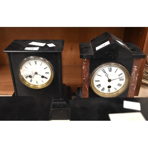 14 - Three black slate striking mantel clocks by Japy Freres, 2 x 20cm high and 1 x 23cm high, with one o... 