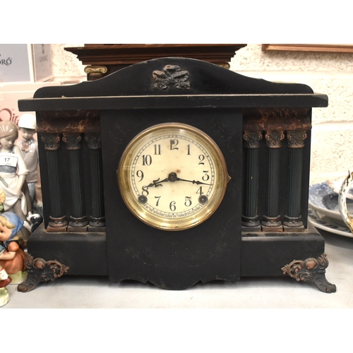 18 - A mahogany case striking mantel clock with silvered dial, the top with three acorn finials, 49cm hig... 