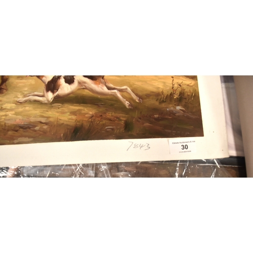 30 - Jacob Hunt, 'Mounted huntsman with hounds', an unframed, signed oil on canvas, 51 x 61cm, together w... 