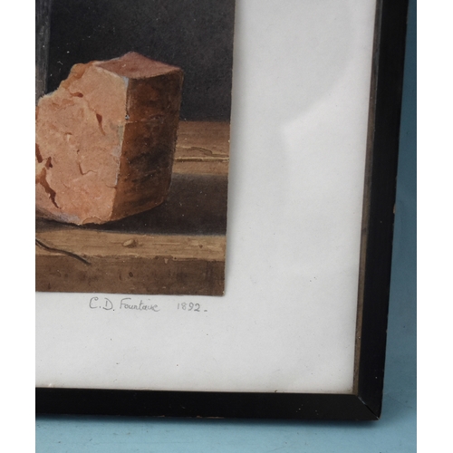 14 - Unsigned, MICE WITH CHEESE, A GLASS AND AN EGG Watercolour, inscribed C D Fountaine 1892 in pencil o... 