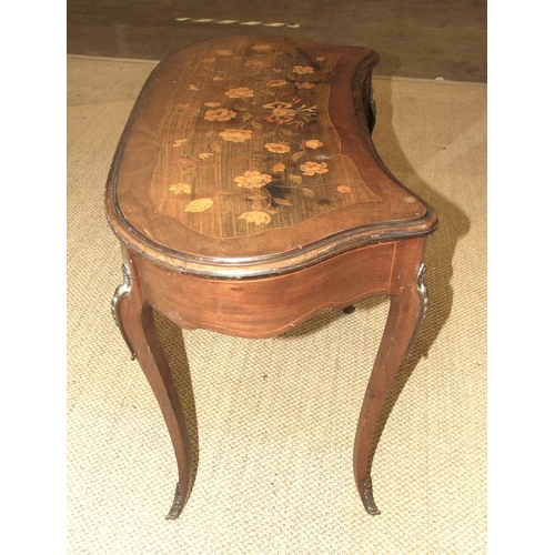 37 - A mahogany and marquetry kidney-shaped side table, the top inlaid with foliate marquetry above a fri... 