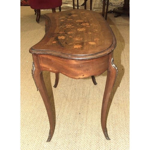 37 - A mahogany and marquetry kidney-shaped side table, the top inlaid with foliate marquetry above a fri... 