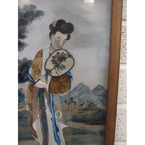 51 - An Oriental carved hardwood lamp stand, 175cm high and an Oriental watercolour of a female figure ho... 